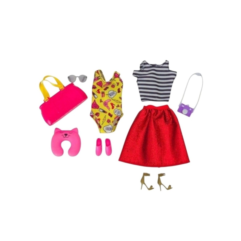 Barbie Pink Passport Clothes- Paris Red Metallic Skirt & Yellow Beach Swimsuit